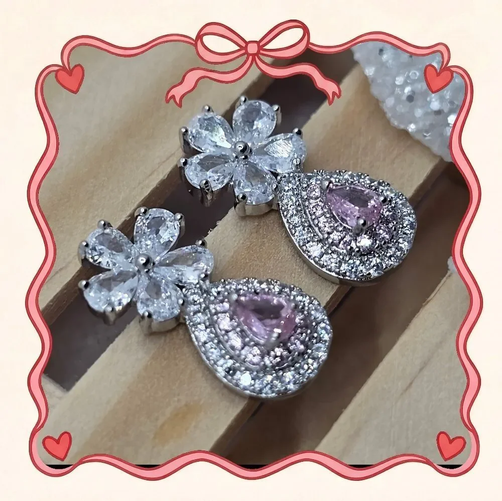 Pink Pear Cut & White Topaz Earrings 925 Sterling Silver